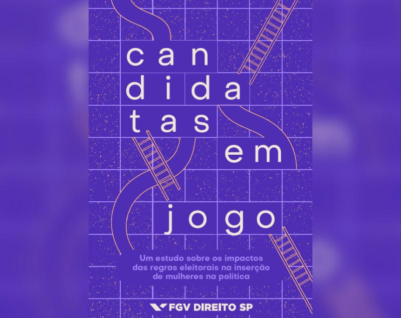 A photo of the cover of the publication "Candidatas em jogo" (‘Candidates in Play’). The cover is purple, with a dotted texture and checkered in white. There is a drawing of three stairways and three paths distributed in a graphic composition.