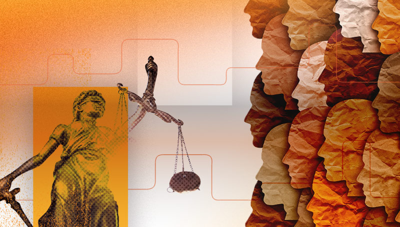 Image: on the left, a blindfolded statue of justice holding a scale and a sword. On the right, a collage of various profiles of human faces in paper texture.